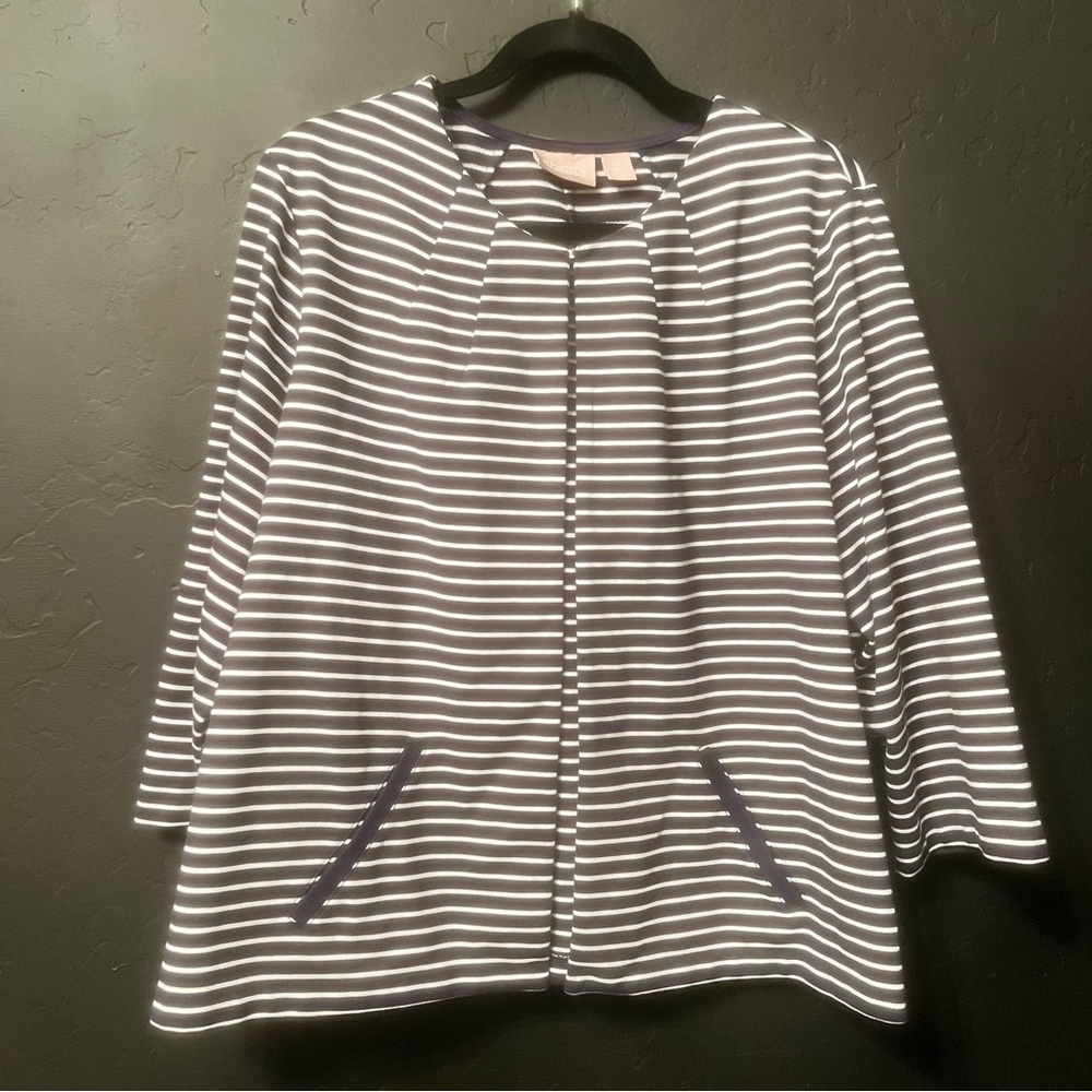 Chico's 3 womens Cardigan Sweater Blue & White striped 1 Button Striped